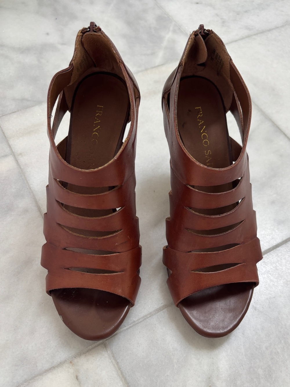 Franco Sarto Brown Leather Cutout Strappy Peep-Toe Heels Size 8